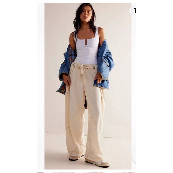 Free People We The Free Ivory Women Dunes Wide-Leg Tie Slouchy Jeans Pants Sz 26 - Picture 1 of 16